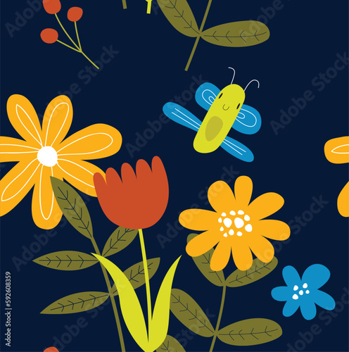Vector bright botanical background. Floral pattern. Summer seamless background with flowers and butterflies. Fabric, paper, wallpaper