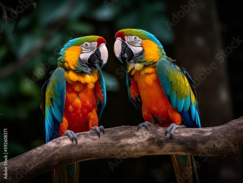 A pair of parrots perched on a branch, facing each other