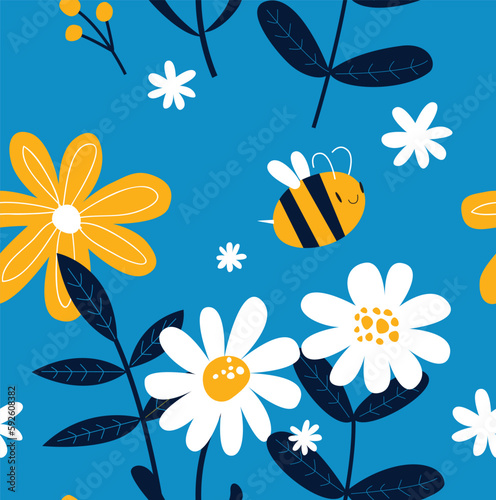 Vector blue background with cartoon bees and daisies. Floral pattern. Blue gentle seamless background. Fabric, paper, wallpaper.