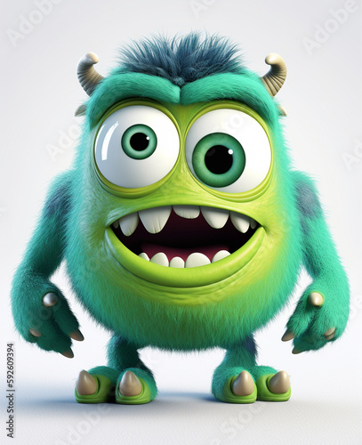 blue cute monster character, 3d animation, isolated on white background, generative ai