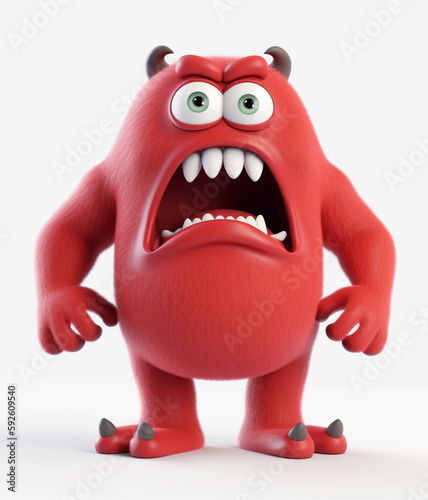 red cute monster character  with angry expression  3d animation  isolated on white background  generative ai