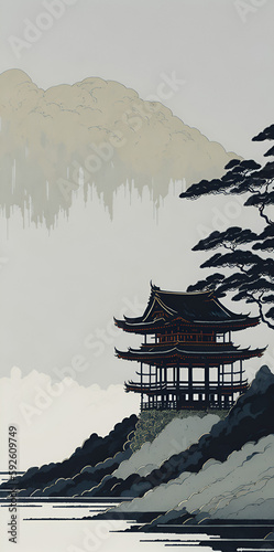 Vintage style Japanese painting. AI generated illustration