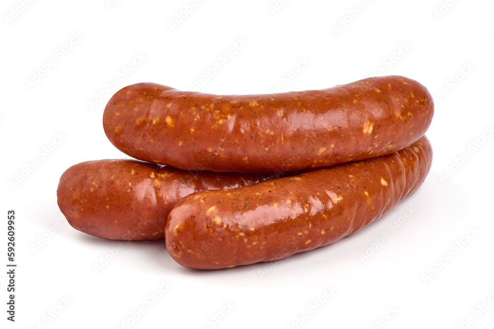 Smoked german sausages, isolated on white background.