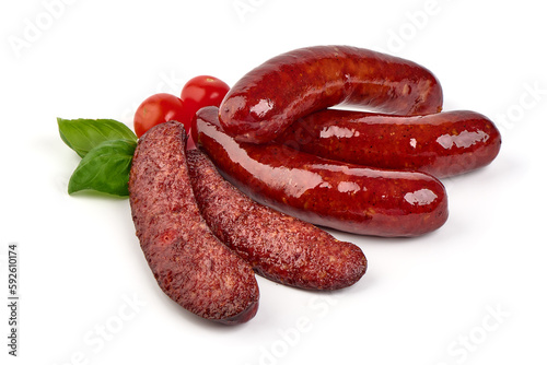 German traditional grilled sausages, close-up, isolated on white background. photo