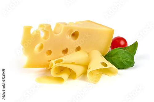 Maasdam cheese, Netherlands cheese, isolated on white background.