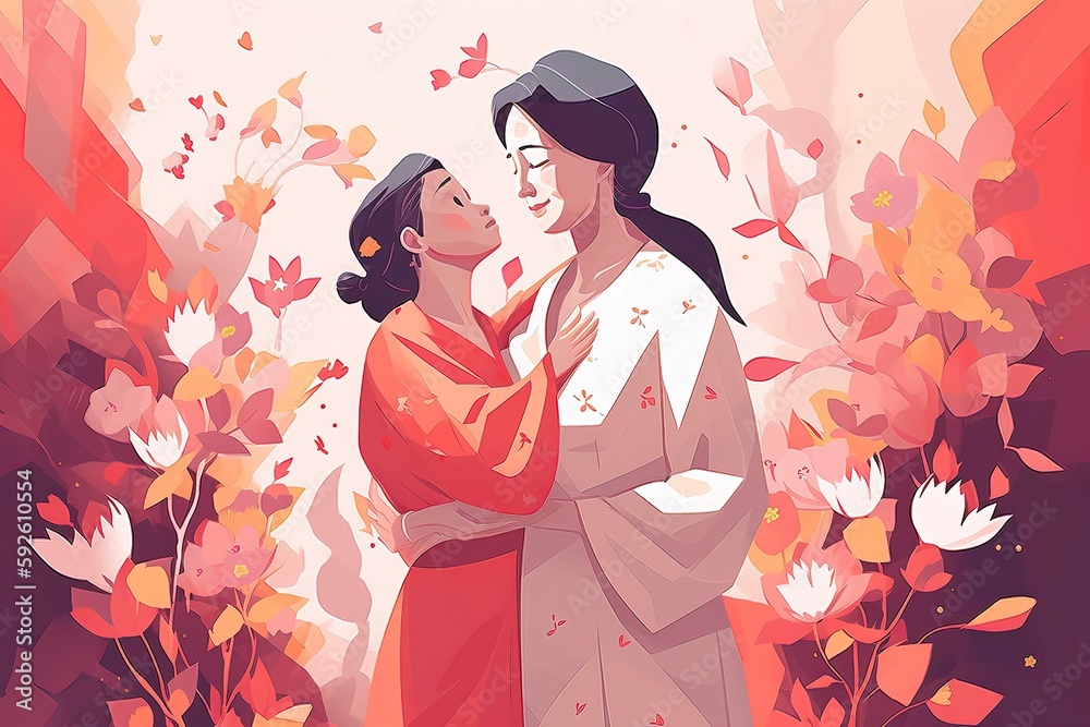 Beautiful mothers day Illustration where Mother is hugging her Children, Animated Character. Generative AI