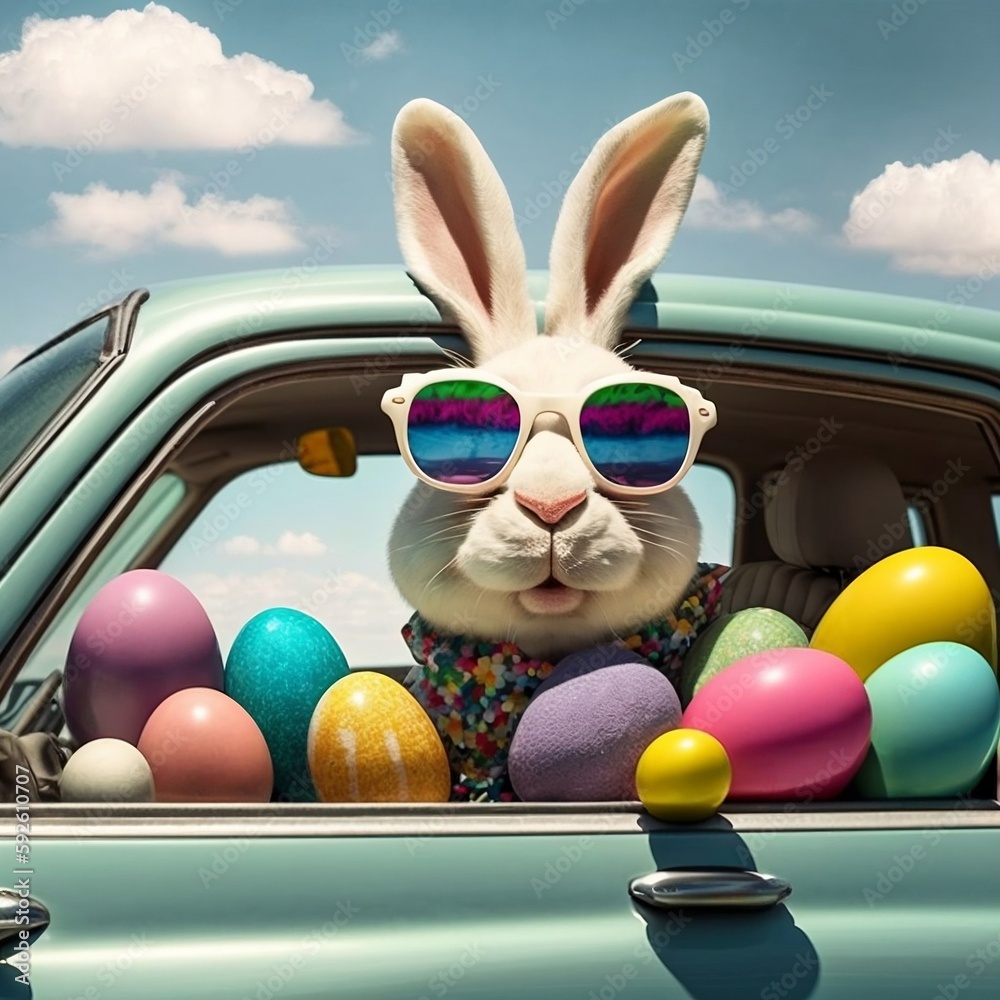 Easter Bunny sporting shades amid a car brimming with eggs - the cutest sight this holiday. Generative AI