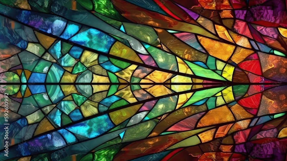 The abstract stained glass background showcases a stunning combination of vibrant and pastel colors. Generated by AI.