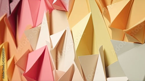 An abstract origami-inspired background featuring a blend of soft pastel colors and sharp folded paper shapes that create a sense of depth and movement. Generated by AI.