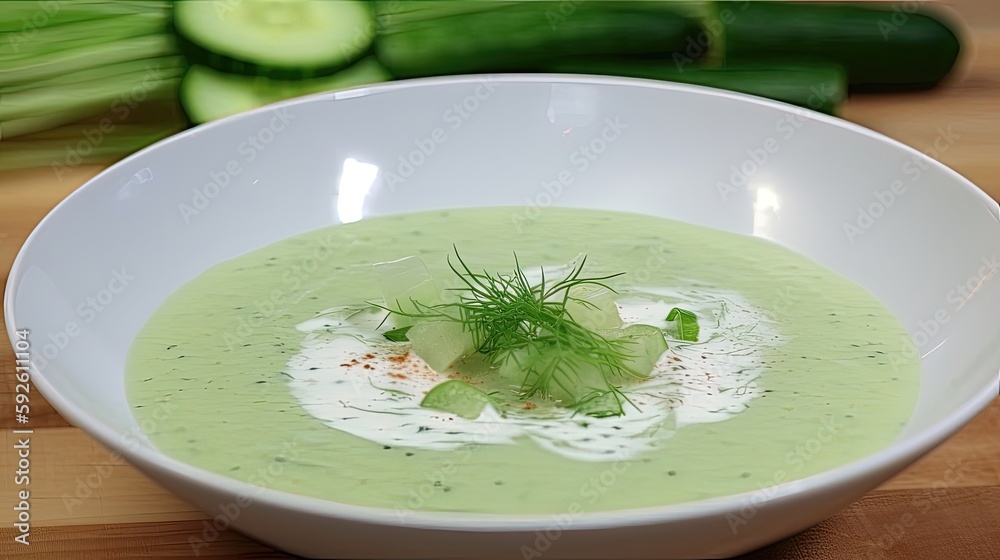 Chilled cucumber gazpacho with cucumber yogurt, garlic, and dill is a classic Spanish dish that has been given a modern twist. Generated by AI. Chilled cucumber gazpacho with cucumber yogurt, garlic, and dill is a classic Spanish dish that has been given a modern twist. Generated by AI.