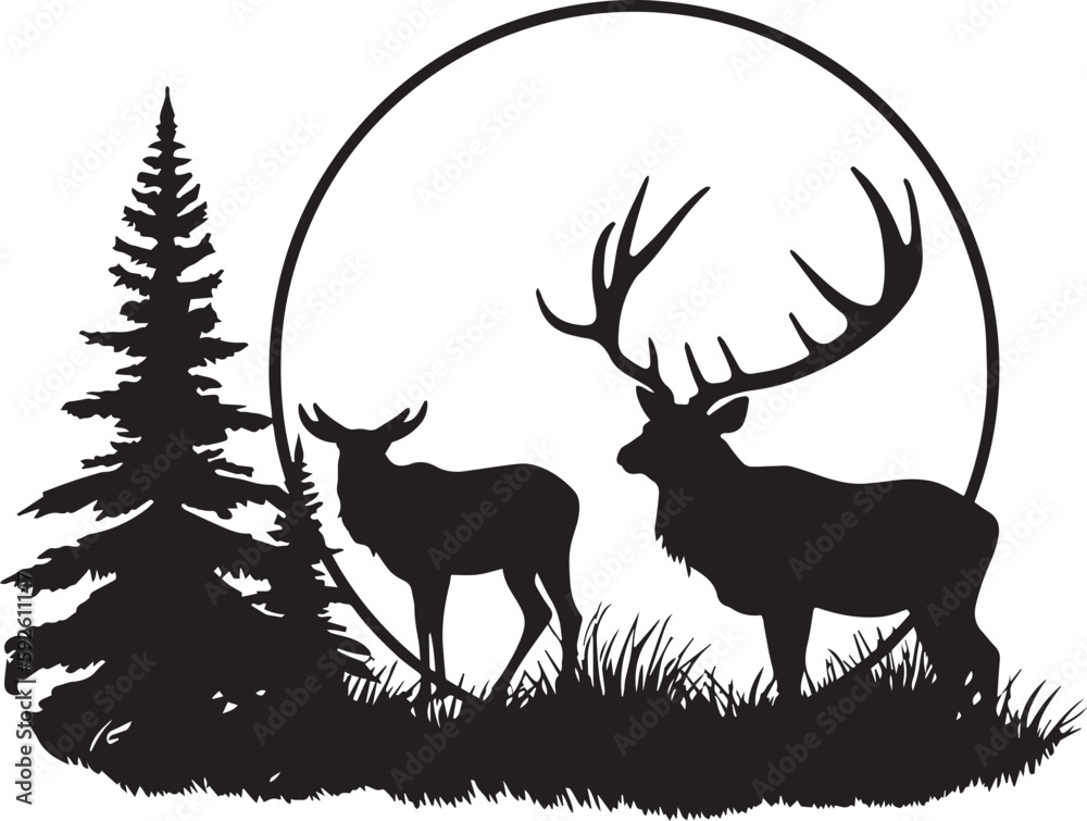 Obraz premium Deer on a landscape with forest and moon vector illustration, SVG