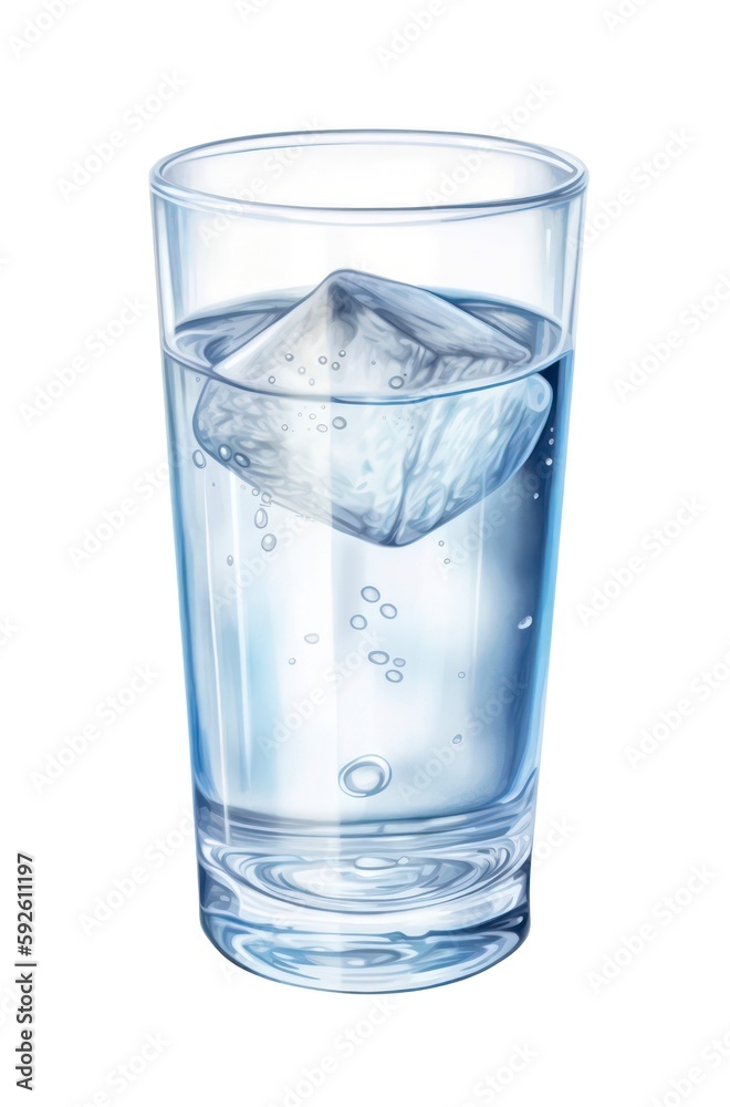 Glass of water with ice cubes isolated on white background, watercolor illustration. Generative AI. Glass of water with ice cubes isolated on white background, watercolor illustration. Generative AI.