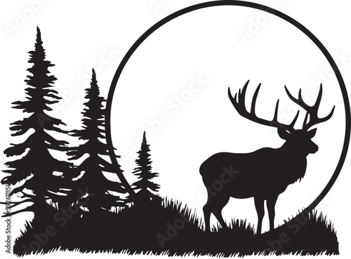 Deer on a landscape with forest and moon vector	illustration, SVG