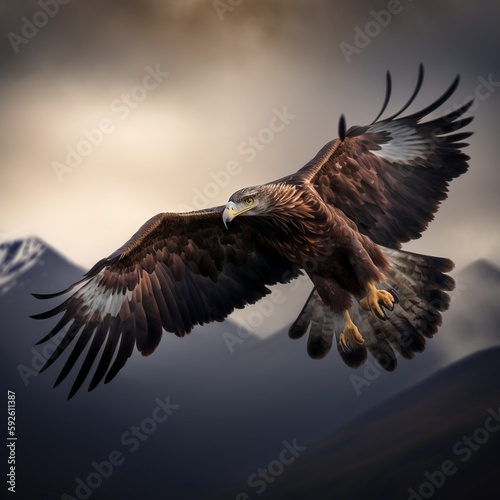 Large bird of prey, the eagle, soars through the sky. Generative AI