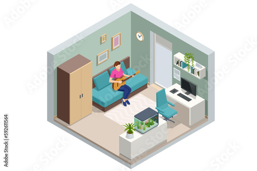 Isometric Classical Acoustic. Woman playing guitar on sofa at home isolated on white background. Studying, Hobby. Recreation at home concept.
