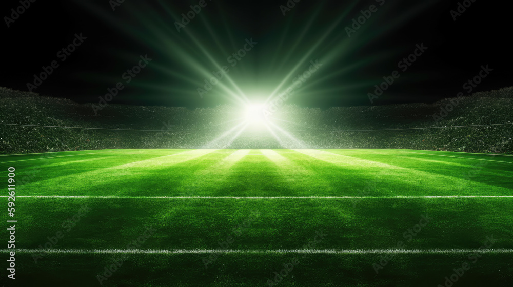 Sports stadium with grass pitch and lighted floodlighting towers. Generative AI Sports stadium with grass pitch and lighted floodlighting towers. Generative AI