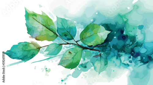 Leaf on a tree branch. Watercolor painting of green natural leaves. Spring and summer decoration. Ecological forest. Beautiful natural wallpaper. Vector botanical art. Card invitation artistic drawing