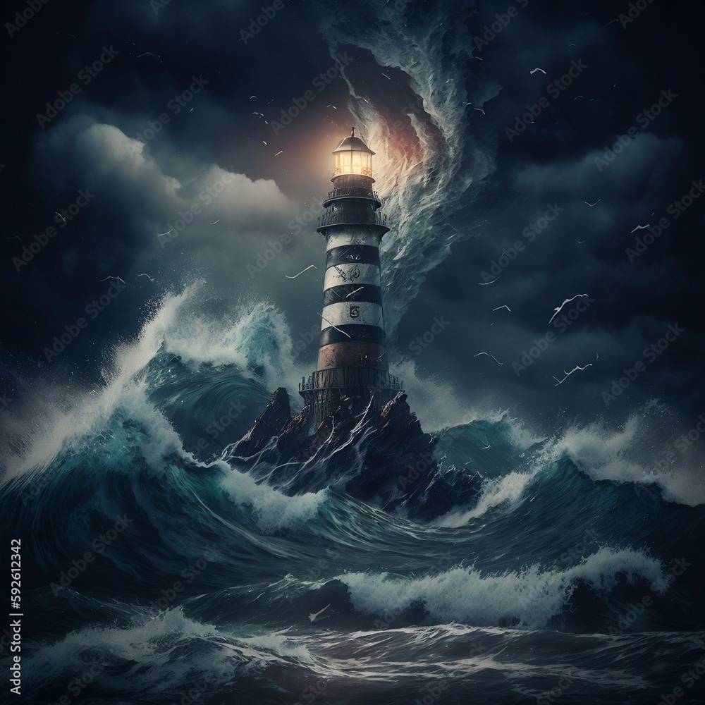 Bright Lighthouse Guides through Stormy Seas and Darkness. Generative AI
