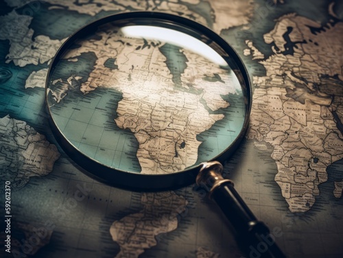 A magnifying glass over a world map