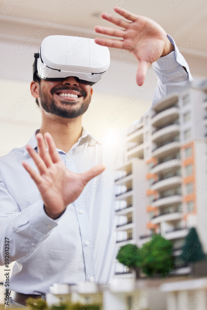 Architect, happy man and virtual reality architecture model, construction and building, future technology and UX. VR goggles, design and engineering, metaverse and simulation of property development Architect, happy man and virtual reality architecture model, construction and building, future technology and UX. VR goggles, design and engineering, metaverse and simulation of property development