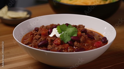 This spicy beef chili recipe is loaded with tender chunks of beef, kidney beans, and a mix of flavorful spices that will warm you up from the inside out. Generated by AI.