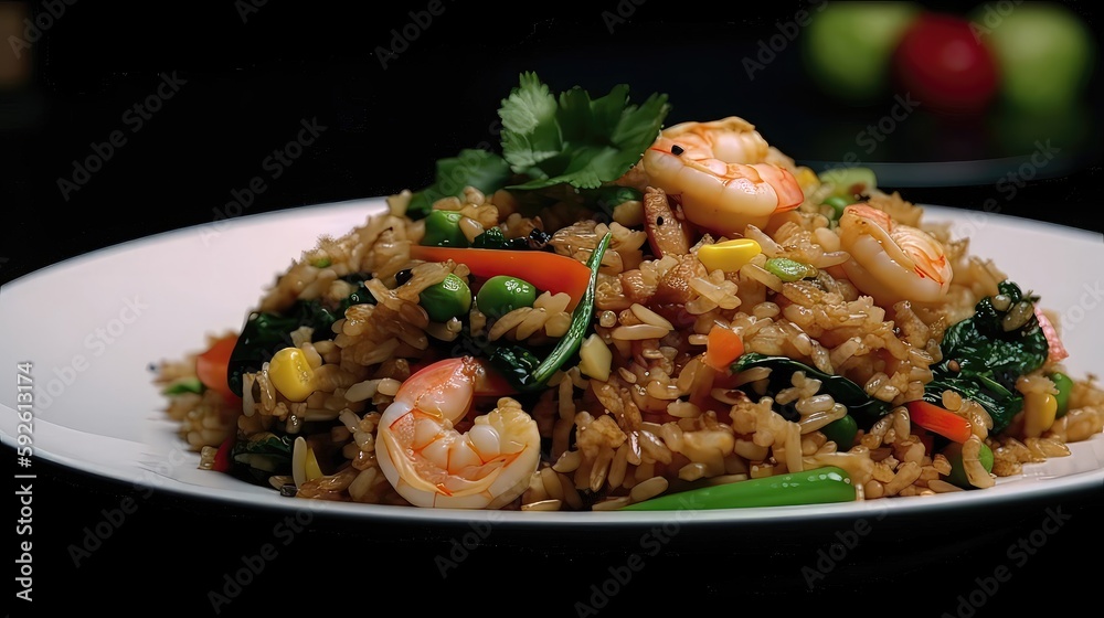 This spicy Thai basil fried rice with shrimp is a delicious and flavorful dish that combines the heat of chili peppers with the fragrance of basil and shrimp. Generated by AI.