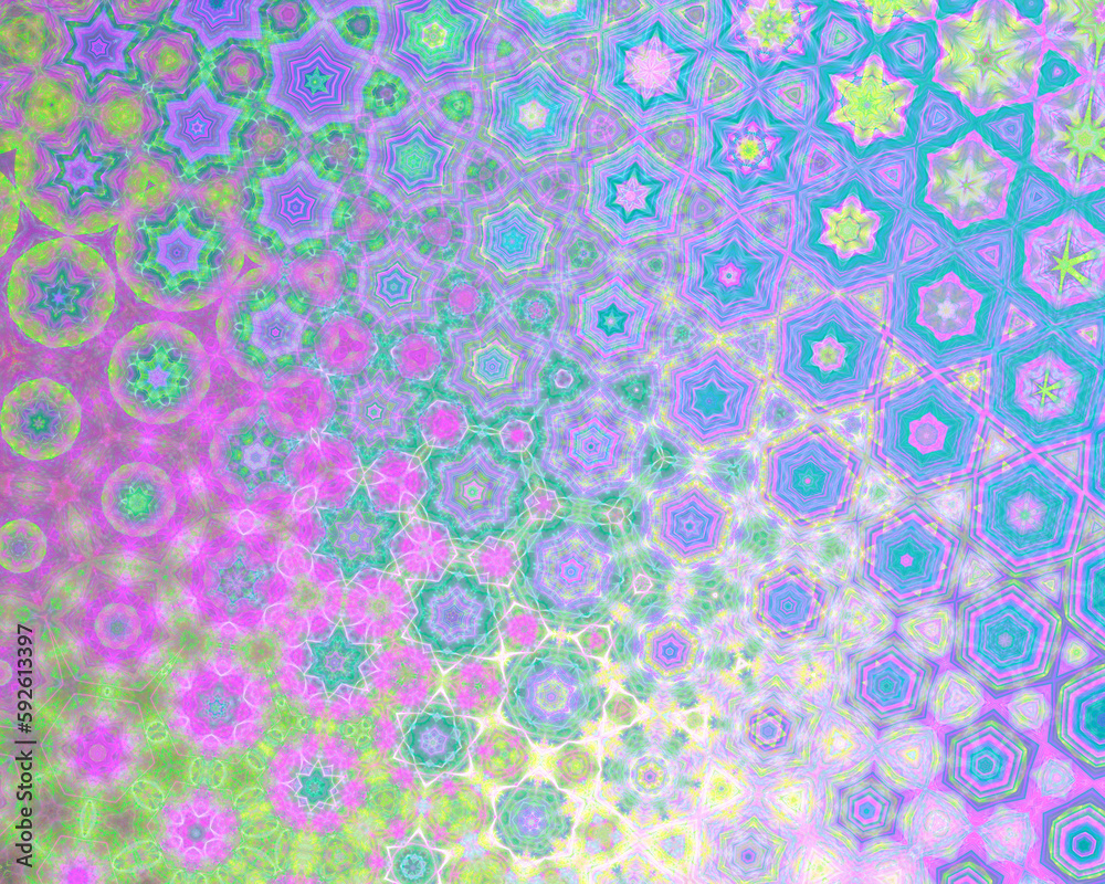 Abstract floral hexagonal fractal art background, reminiscent of islamic tiling or millefiori glass.