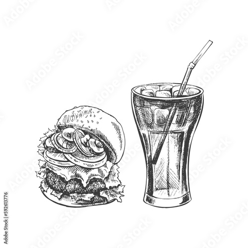 Hand-drawn sketch of burger,  cola glass  with ice, isolated. Monochrome junk food vintage illustration. Great for menu, poster or restaurant background.