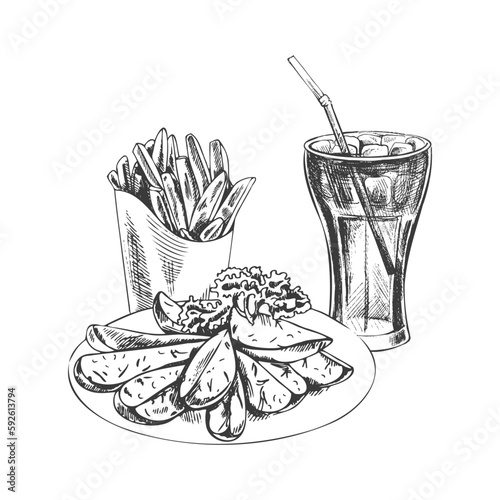 Hand-drawn sketch of french fries carton box,  cola glass and plate with slices of baked potatoes,  isolated. Monochrome junk food vintage illustration. Great for menu, poster or restaurant.