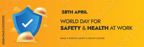 World day for safety and health at work. 28th April. World Day for safety of workers. Workers Day Banner in yellow. Prevention of accidents and diseases globally. Safety and Health for employees.