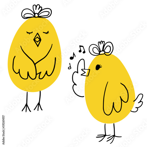Cute hand drawn chicken set. Funny yellow doodle chickens in different poses for Easter designs. Vector simple illustration on white background.