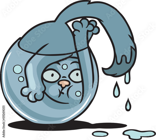 Witziger Cartoon einer ungeschickten Katze, die triefend nass in einem Aquarium feststeckt