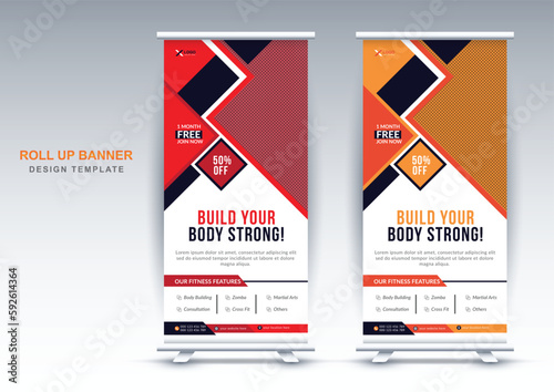 Creative fitness gym roll up banner design template