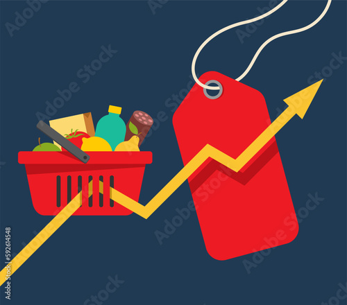 Shopping cart with arrow chart and price tag
