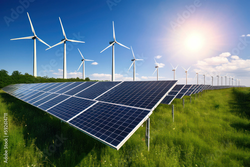 renewable energy background with green energy with wind turbines and solar panels. generative ai