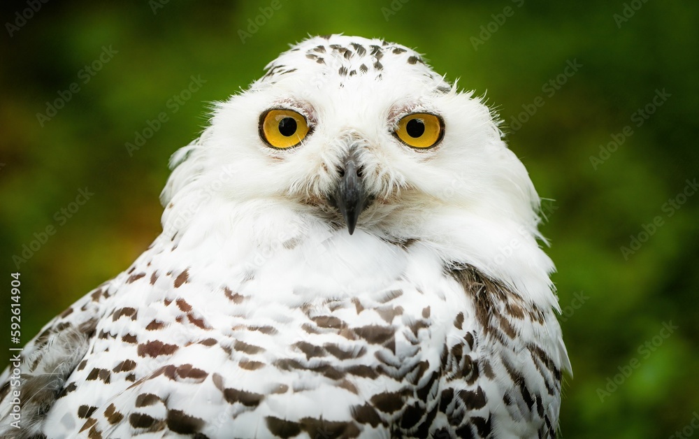 Obraz premium Close-up of a white snowy owl (Bubo scandiacus) on a green background