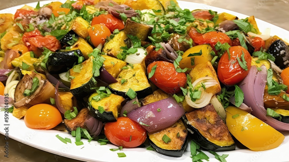 This cold roasted vegetable salad is a delightful combination of sweet and savory flavors. Generated by AI. This cold roasted vegetable salad is a delightful combination of sweet and savory flavors. Generated by AI.