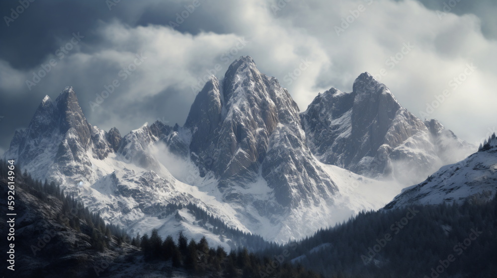 snowy majesty: a breathtaking view of mountain peaks blanketed in fresh snow, sunlight peeking through the clouds. captured with a telephoto lens to emphasize their grandeur. genrative ai snowy majesty: a breathtaking view of mountain peaks blanketed in fresh snow, sunlight peeking through the clouds. captured with a telephoto lens to emphasize their grandeur. genrative ai