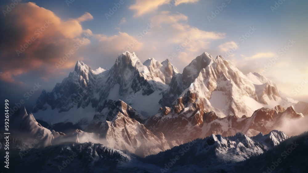 Obraz premium snowy majesty: a breathtaking view of mountain peaks blanketed in fresh snow, sunlight peeking through the clouds. captured with a telephoto lens to emphasize their grandeur. genrative ai