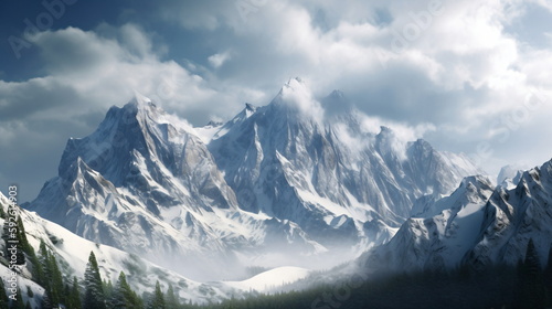 snowy majesty: a breathtaking view of mountain peaks blanketed in fresh snow, sunlight peeking through the clouds. captured with a telephoto lens to emphasize their grandeur. genrative ai