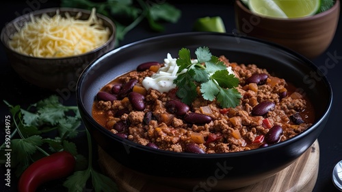 This fiery chili con carne recipe packs a punch with a blend of spices and heat, perfect for those who love bold and spicy flavors. Generated by AI.