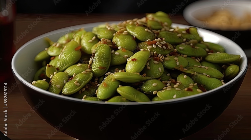 This spicy edamame dish with garlic and sesame is a delicious and nutritious appetizer or snack that will satisfy your taste buds and keep you feeling full. Generated by AI. This spicy edamame dish with garlic and sesame is a delicious and nutritious appetizer or snack that will satisfy your taste buds and keep you feeling full. Generated by AI.