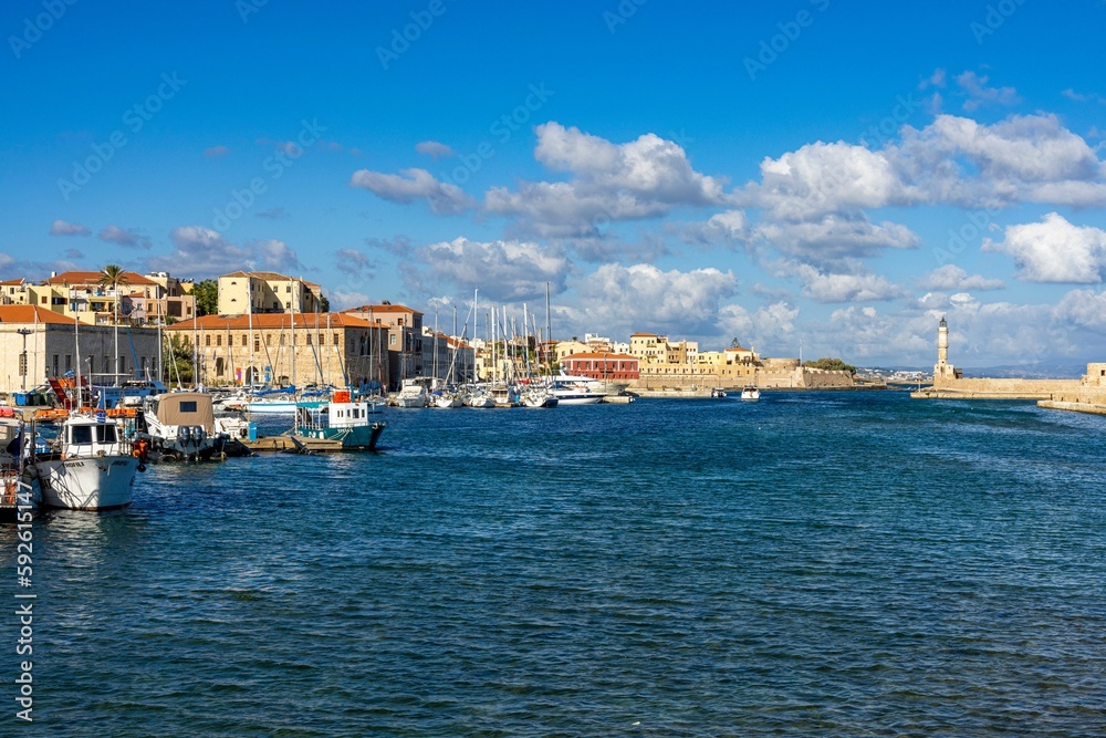 Landscape view of the Chania harbor in Crete island, Greece  with the lighthouse in the background
