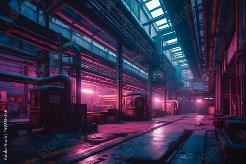 Interior on an industrial plant in synth wave futuristic style. Generative AI