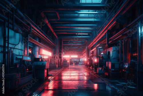 Interior on an industrial plant in synth wave futuristic style. Generative AI