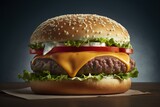 Saftiger Burger auf glänzendem Brötchen mit Käse, Salat, Tomaten, Speck, Zwiebeln, Ketchup und Senf. (Generative AI)