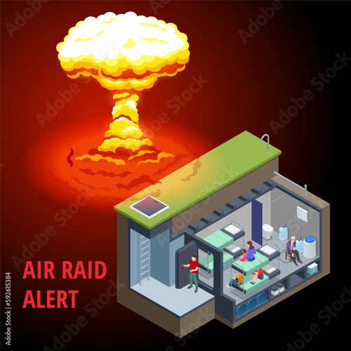 Isometric atomic bomb explosion and underground bunker, concrete bomb shelter, air-raid shelter. Underground bomb shelter with beds, a supply of food for the survival of people during a war