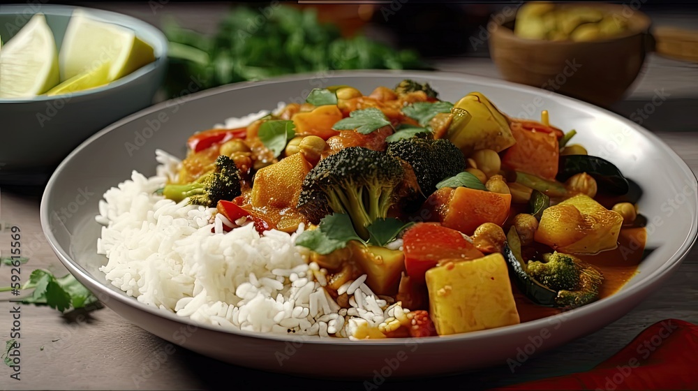 Spicy vegetable curry is a delicious and satisfying way to eat healthy and get your daily dose of vegetables. Generated by AI.