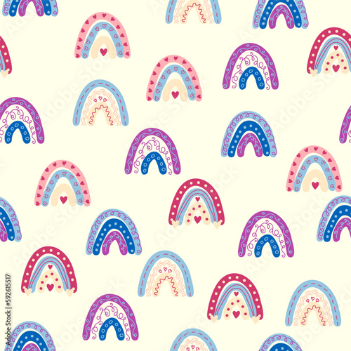 Seamless pattern graceful rainbows in boho colors. Scandinavian baby hand style for newborns.