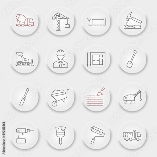 Construction line icon set, repair collection, vector sketches, neumorphic UI UX buttons, construction icons, building equipments signs linear pictograms, editable stroke